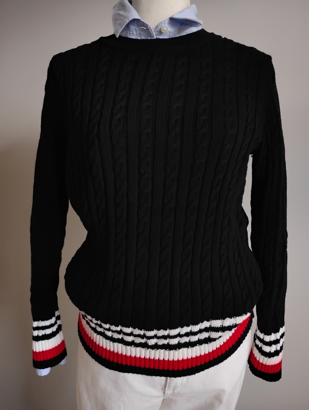 Tommy Hilfiger Cotton Cable Knit Sweater Black Red Classic Preppy Coastal Size M